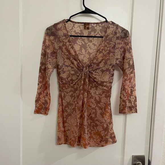 Language Tops - Vintage Y2K Language Mesh V Neck Knot Blouse Quarter Sleeves Sheer Boho